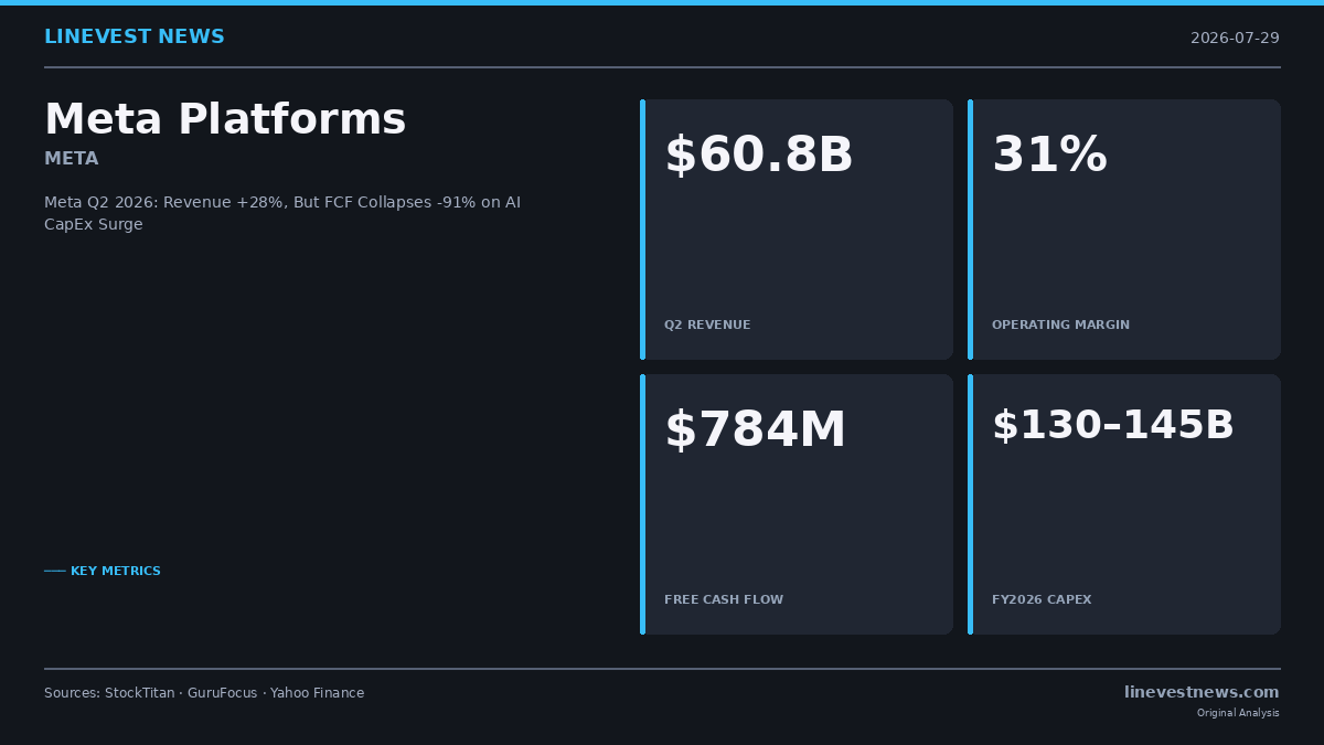 Meta (META) Q2 2026: Revenue Surges 28% to USD 60.8B but AI CapEx Crushes Free Cash Flow -91%, EPS Misses by 14%