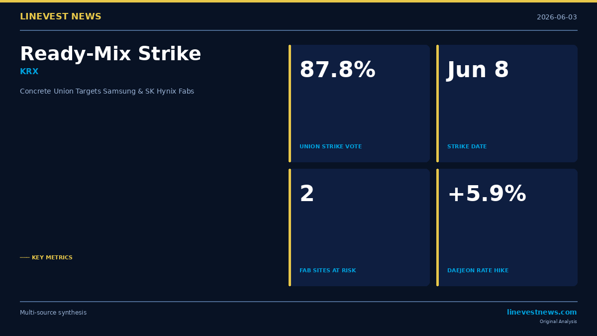Korea's Ready-Mix Concrete Union Votes 87.8% for June 8 Strike, Targeting Samsung Pyeongtaek and SK Hynix Yongin Fab Sites